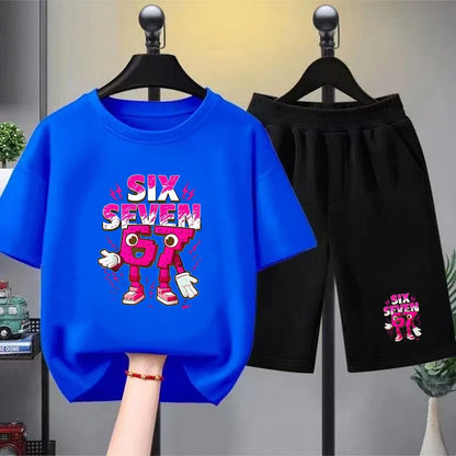67 Children T-shirt 3-12Yrs Summer Six Seven Print Short-sleeved Cute Funny Fashion Boys Girls Toddler Top+Shorts 2PCasual Set