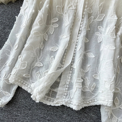 2025 Spring Gentle Women Blouse Leaves Embroidery Single Breasted Long Sleeves Summer Thin Streetwear Casual Shirt