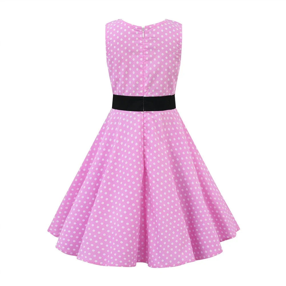 LPATTERN Girls' Vintage Rockabilly Dress Party Retro Polka Dot Floral Pattern A-line Dresses Pleated Skirt Knee-Length for 4-10Y