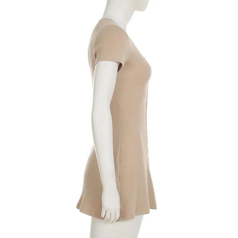 Summer Novelty Elegant Knitted Strapless Mini Dress For Women Short Sleeve V-Neck And Buttons Dresses Women's Street Clothing Ne
