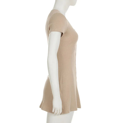 Summer Novelty Elegant Knitted Strapless Mini Dress For Women Short Sleeve V-Neck And Buttons Dresses Women's Street Clothing Ne