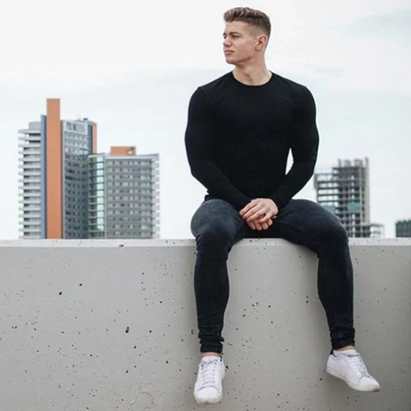 Plain Autunm Cotton Long Sleeve T-shirts Gym Clothing Bodybuilding Fitness Clothing Mens Casual Fashion Slim Fit Sports Shirts