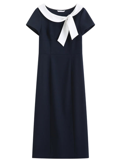 Women Sailor Collar Contrast Bow Belt Midi Dress Waist-Cinching V-Neck French Coquette Chic Elegant Style