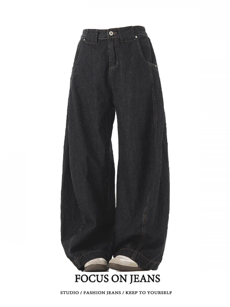 American Retro Deconstructed Bla Knife  Jeans Women's Loose Silhouette Wide Leg Floor Length Trousers Casual High Waist...