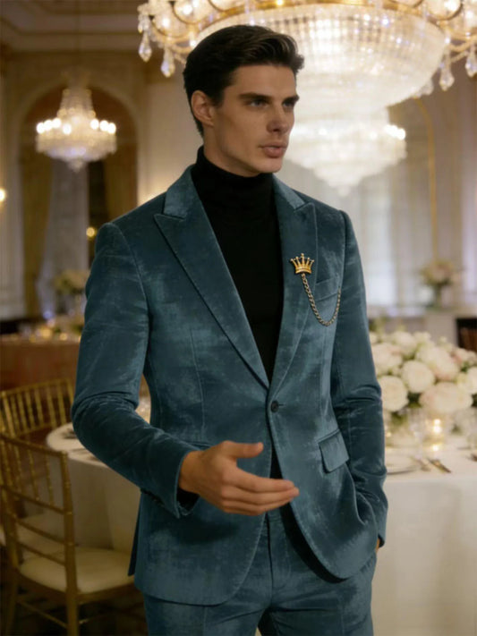 Men's Teal Velvet Blazer 1 Button Single Breasted Slim Fit Formal Wedding Party Suit Jacket