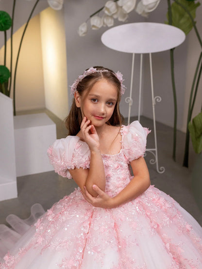 Blush Pink Lace Flower Girl Dress Princess Ballgown Little Girls Wedding Dress Toddle Kids Birthday Party Gowns Customized