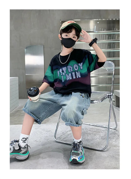 Summer Boy Denim Shorts and Top Clothes Set Outfit Kids Fashion 2-Piece Suit Korean Children Streetwear Tracksuit 5 6 7 9 10 14Y