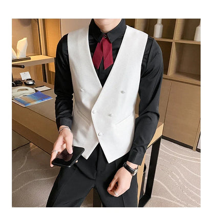 2025 New Fashion Men's Double Breasted Gentleman Dress Casual Vest Fashion Nightclub Bartender Work Clothes V Neck Vest Jacket