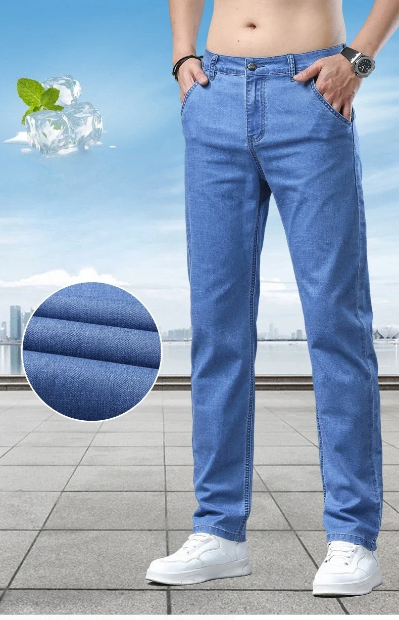 Men's Ice Silk Jeans Summer New Lyocell Thin Business Casual Denim Pants Classic All Match Slim Fit Straight Elastic Jean Male