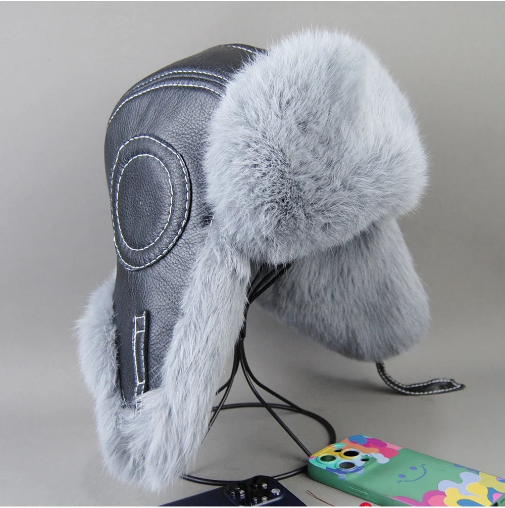 2026 Fashion Men's 100% Natural Rabbit Fur Bomber Hats Winter Russian Man Warm Real Sheepskin Leather Hat Male Real Fur Caps