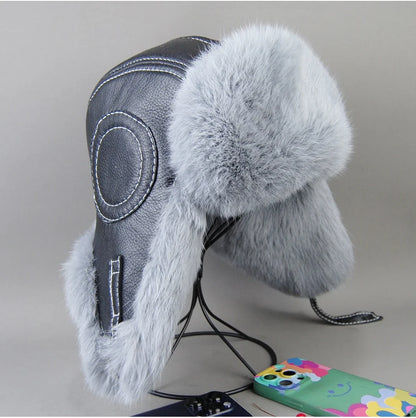 2026 Fashion Men's 100% Natural Rabbit Fur Bomber Hats Winter Russian Man Warm Real Sheepskin Leather Hat Male Real Fur Caps