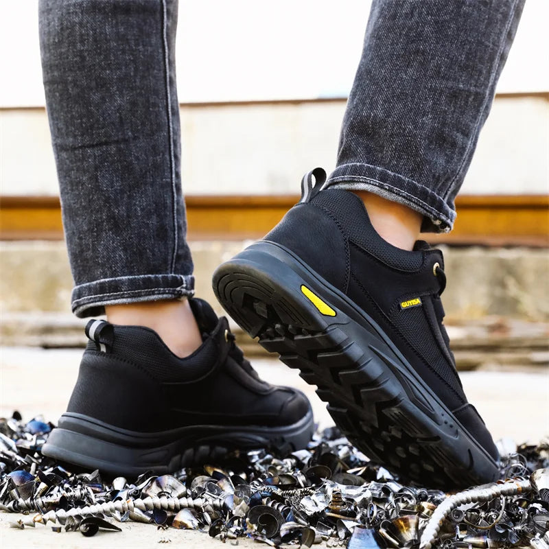 Black Leather Work Safety Shoes Waterproof Indestructible Steel Toe Cap Labor Shoes For Men Breathable Anti Smashing Sneakers