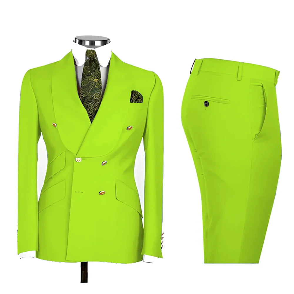 Lvory Shawl Lapel 2 Piece Suit Double Breasted Men's Jacket Pants with Gold Buttons Formal Wedding Groom Attire Prom Tuxedos