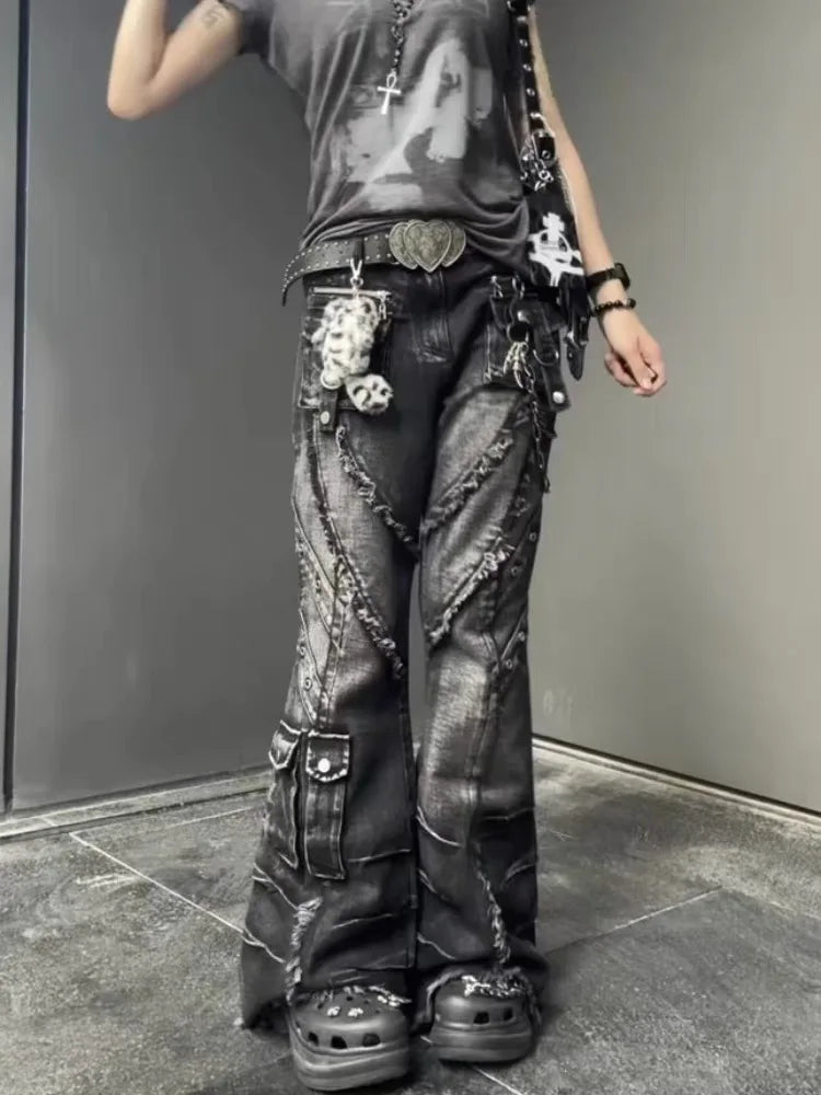 Japanese Y2K 2026 Autumn Winter Women's Denim Flared Jeans Bell Bottom Designer Kpop 2000s Pants Dark Academia Cargo Goblin Core