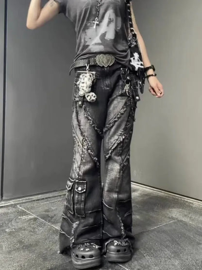 Japanese Y2K 2026 Autumn Winter Women's Denim Flared Jeans Bell Bottom Designer Kpop 2000s Pants Dark Academia Cargo Goblin Core