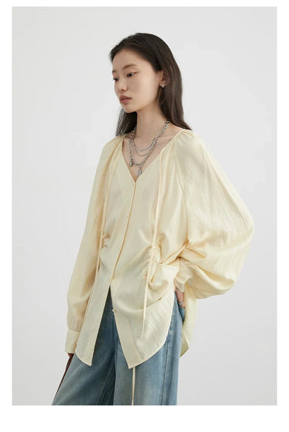 Women Loose Lace Up Shirt Solid New Korean V-neck Pleated Raglan Long Sleeved Blouses Female Tops Spring Summer 2026