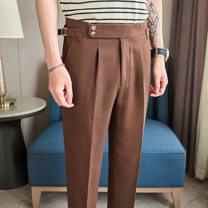 British Style Naples Men's High-end Linen Pants High Waist Straight Slim Fit Casual Trousers High Quality Solid Social Suit Pant