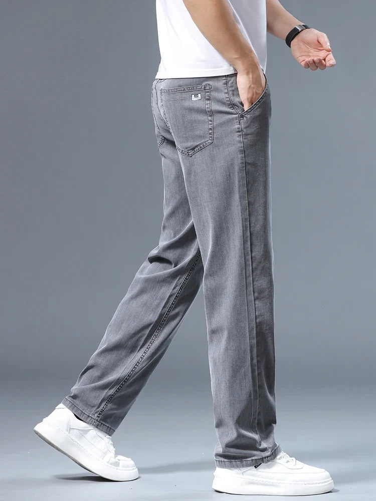 Summer Thin Men's Loose Straight Jeans Lyocell Soft Drape Business Casual Trousers Classic Smoke Gray Brand Ice Silk Pants