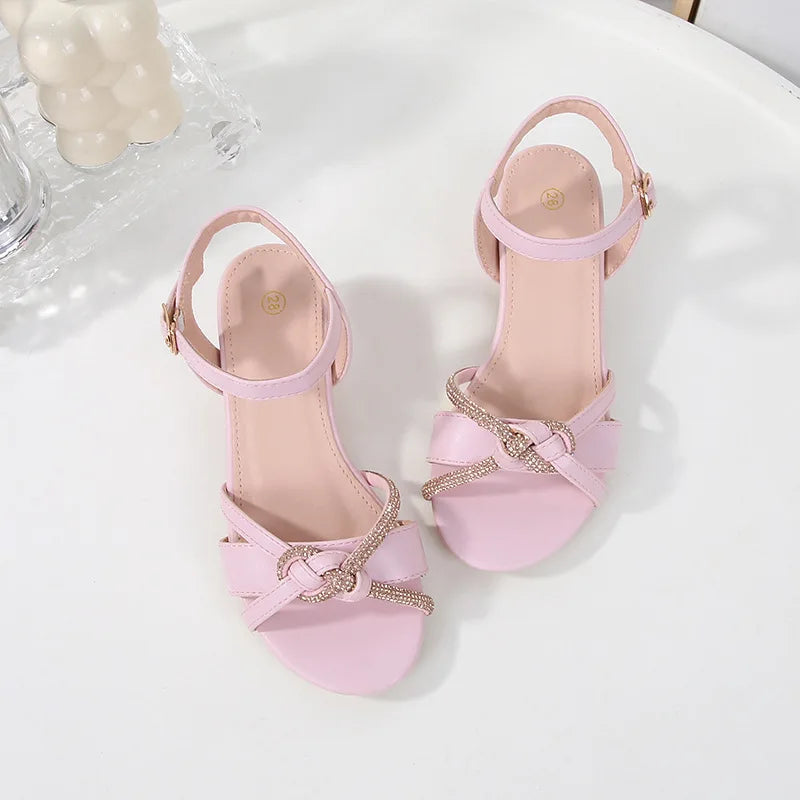Children's Sandals 2024 Summer New Kids' Crystal High Heels Soft Sole Casual Fashion Girls' Princess Shoes 3-10 Years Old