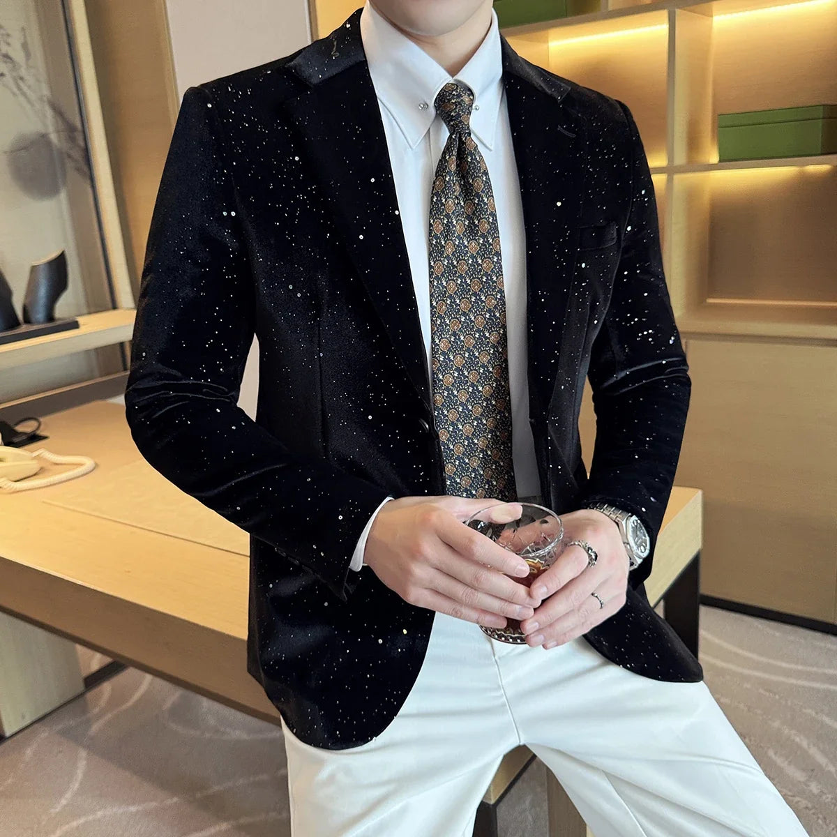 High Quality Velvet Bronzing Suit Coats Mens Sparkle Elegant Slim Business Suits Jacket Homme Formal Social Prom Party Tuxedos