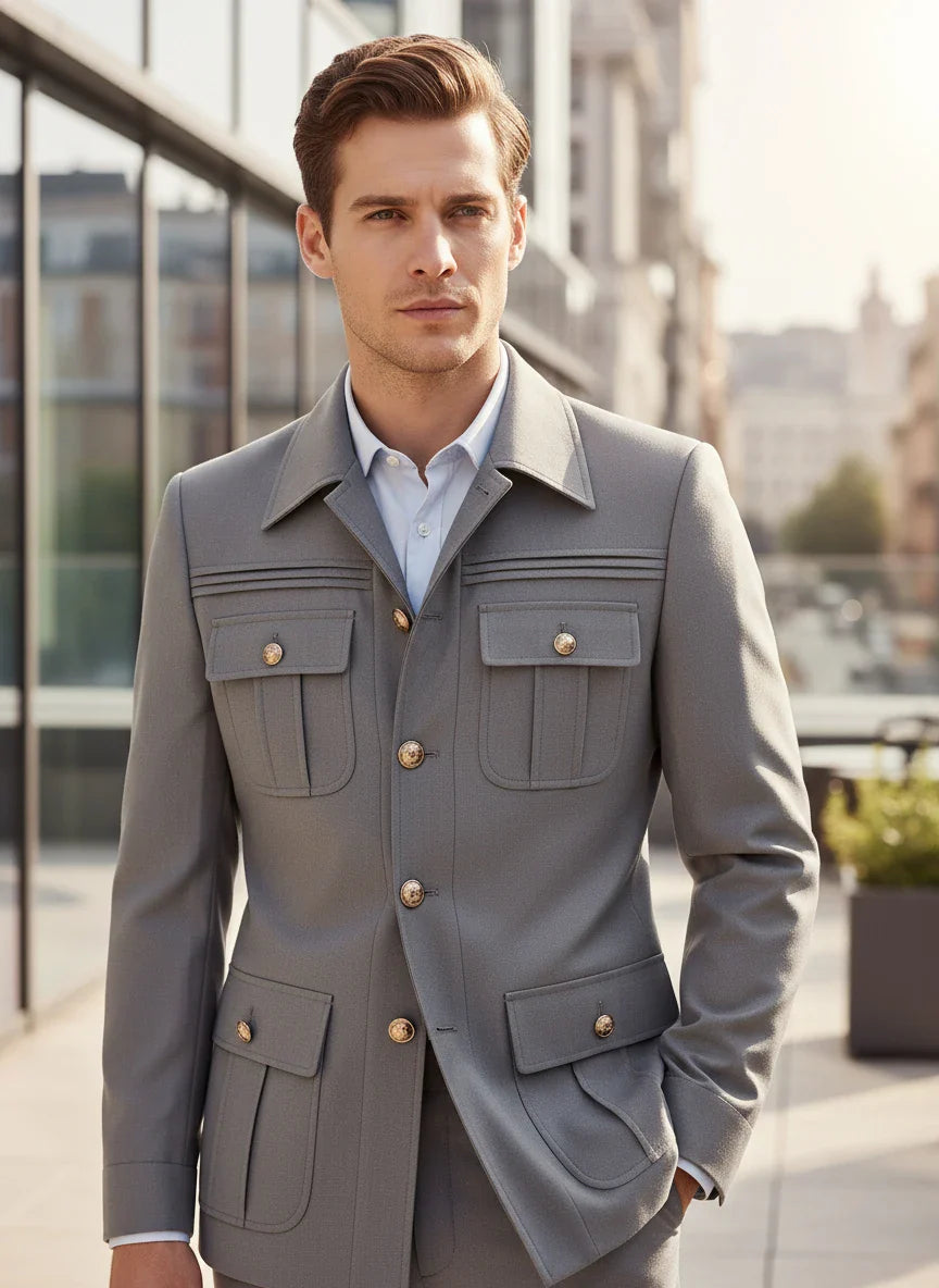 blue Elegant Men's suit Classic Fit Multi Buckle Multi Pocket  Casual Business Set Men's 2-piece Set