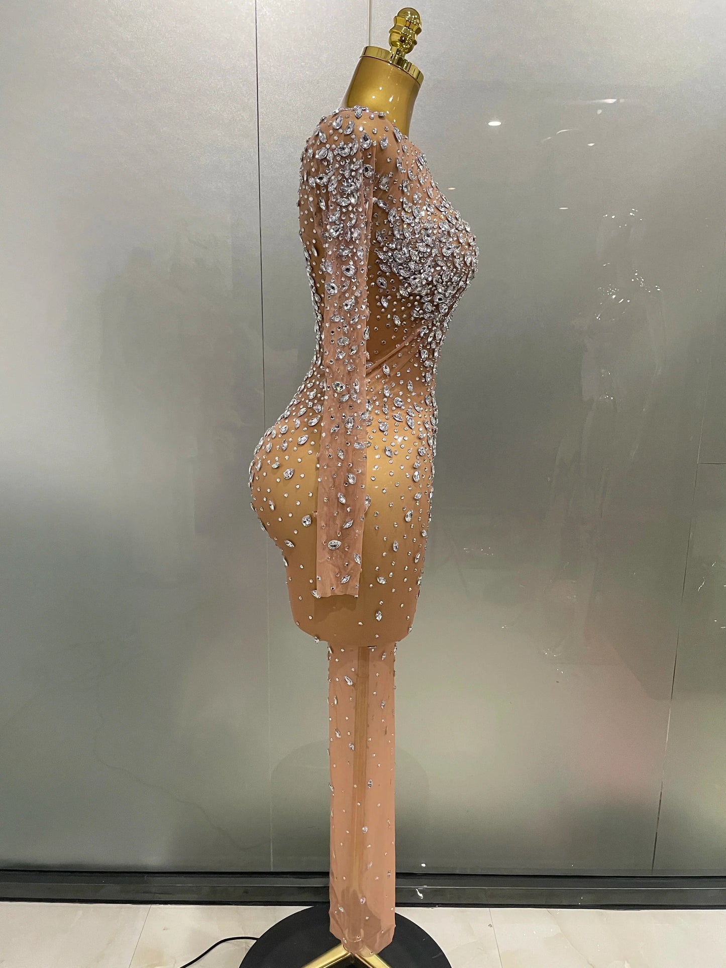 Sexy Shinny Rhinestone Stretch Mesh Transparent Long Dress 2025New Women Evening Birthday Party Prom Nightclub Singer Stage Wear