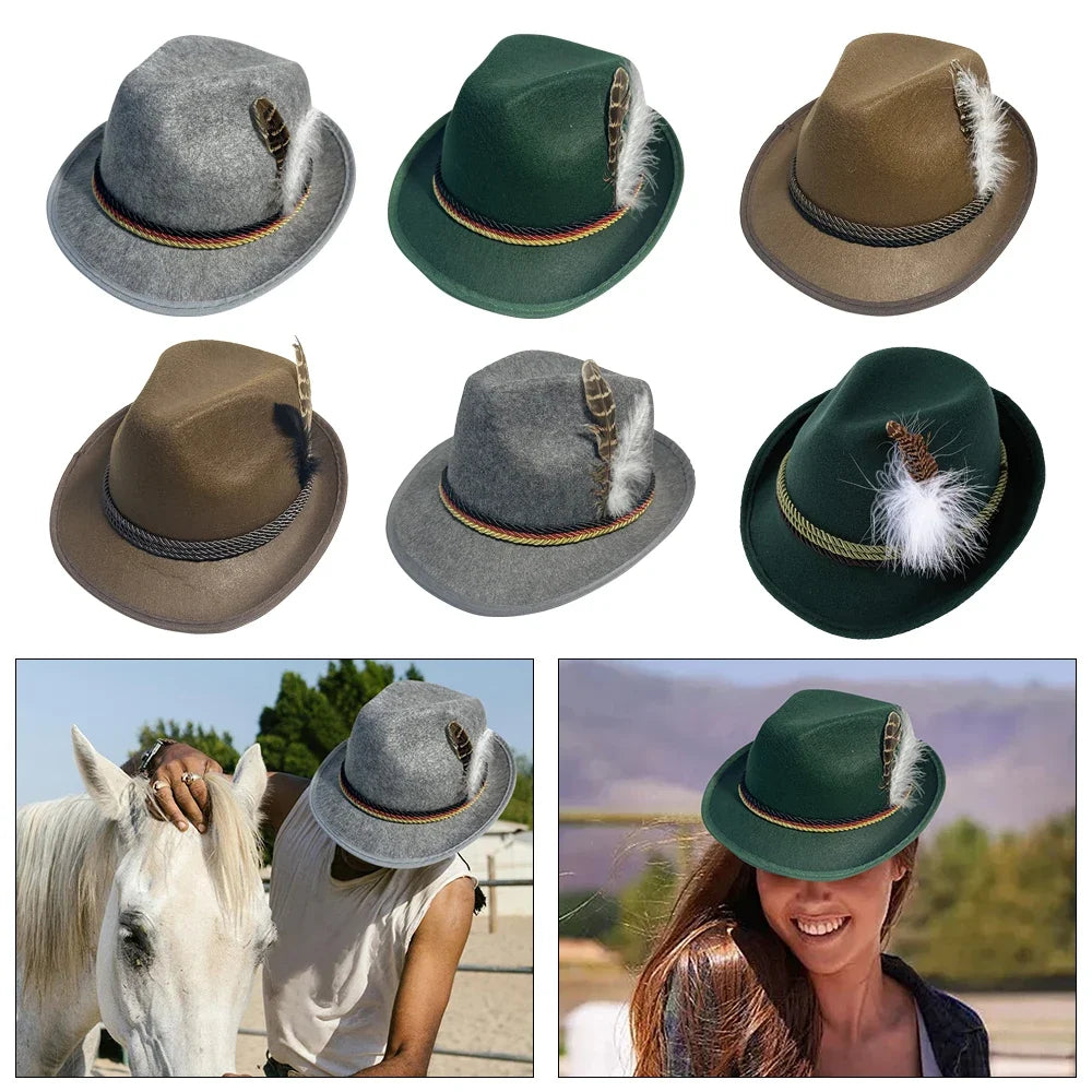 Munich Beer Hats German Oktoberfest Fedora Panama Jazz Feather Felt Hat Halloween Costume Cosplay Cap for Men Woman