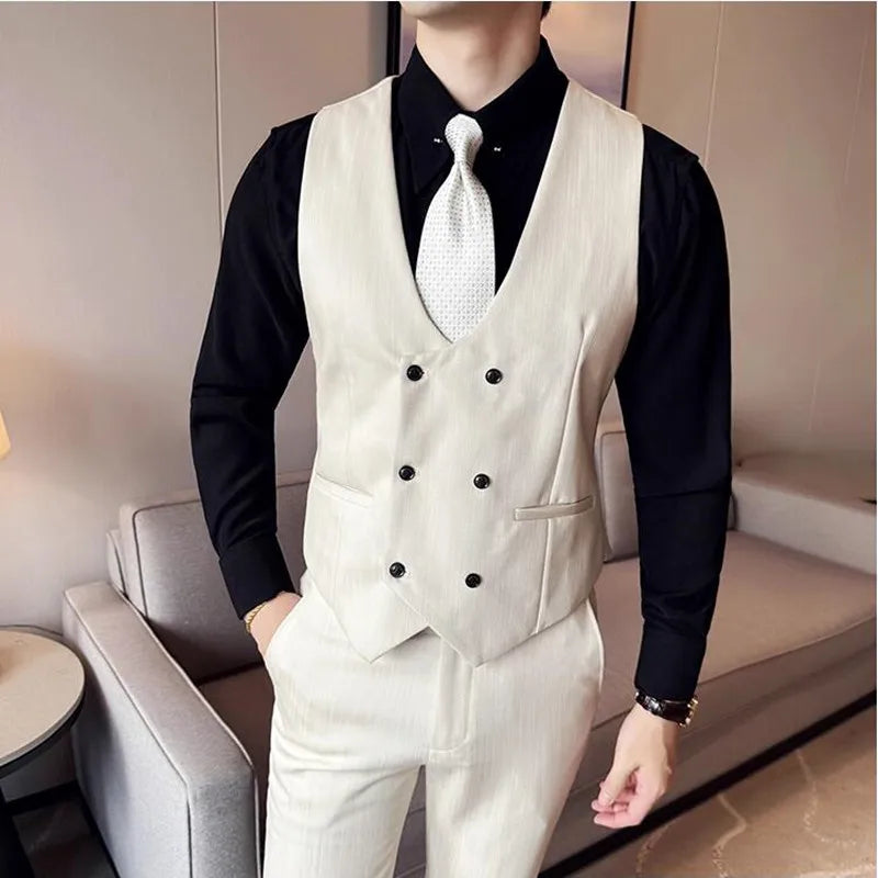 ( Vest + Pants) Double-breasted Striped With Pants Men Business Slim Fit Suit Vest 2 pieces Formal Groom Wedding Dress Vest
