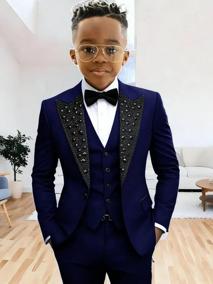 Boys Luxury Beaded Suit Set 3 Pieces For Evening Party High Quality Peak Lapel Suits Piano Performance Wear Elegant Plus Size