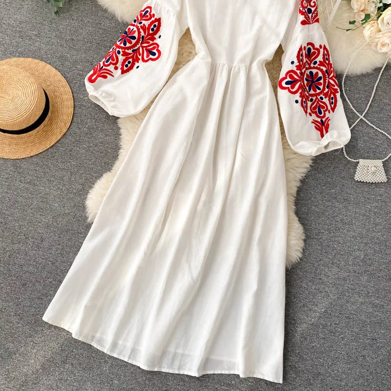 n Sle Embroidered Flower Long Sve Loose Fit Lantern Sve Gathered Slimming A-Line Dr Women's round Ne Dr
