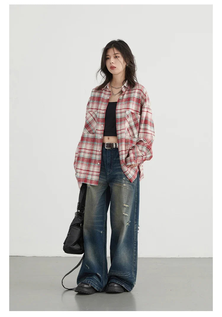 Women's Cotton Shirt Single Breasted Loose New Retro Color Blocked Grid Female Blouses Autumn Spring 2026