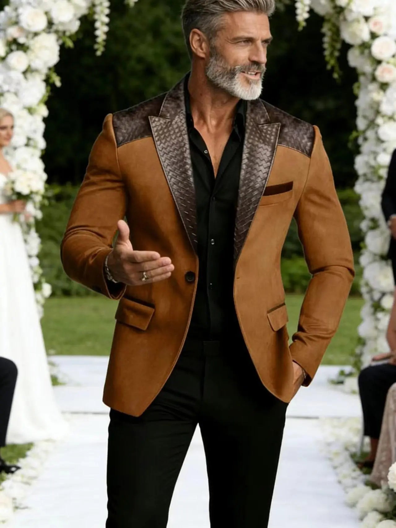 Men's Faux Suede Jacket with PU Leather Collar & Shoulder Two-Tone Blazer Contrast Trim Coat