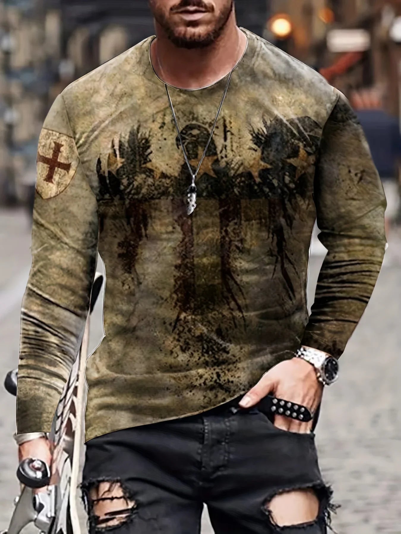 Men's Eagle Printed Long Sleeve Round Neck Retro Novelty T Shirt Autumn Fashion Large Size Long Sleeve Men's Shirt Clothing