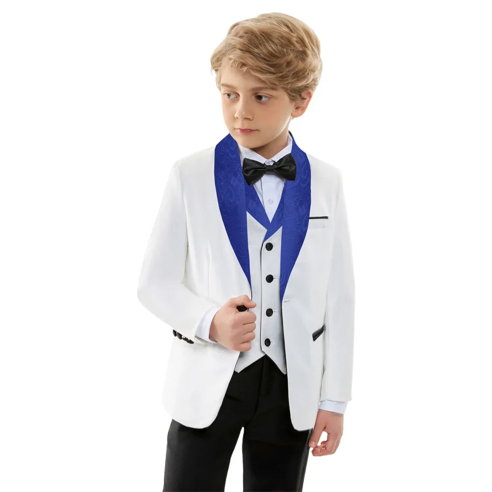Stylish Jacquard Collar Boys Suits 3 Pieces Jacket Vest Pants Piano Performance Autumn Long Sleeve Kids Tuxedo Sets For Birthday