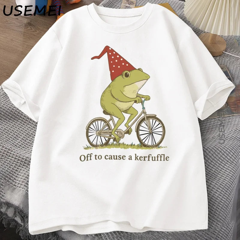 Off To Cause A Kerfuffle Frog T-Shirt Funny Weirdcore Sayings Unique Tshirt Adults Joker Men Women Graphic Tee Male Summer Tops