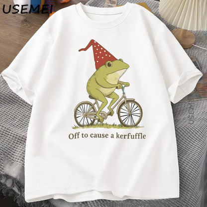 Off To Cause A Kerfuffle Frog T-Shirt Funny Weirdcore Sayings Unique Tshirt Adults Joker Men Women Graphic Tee Male Summer Tops