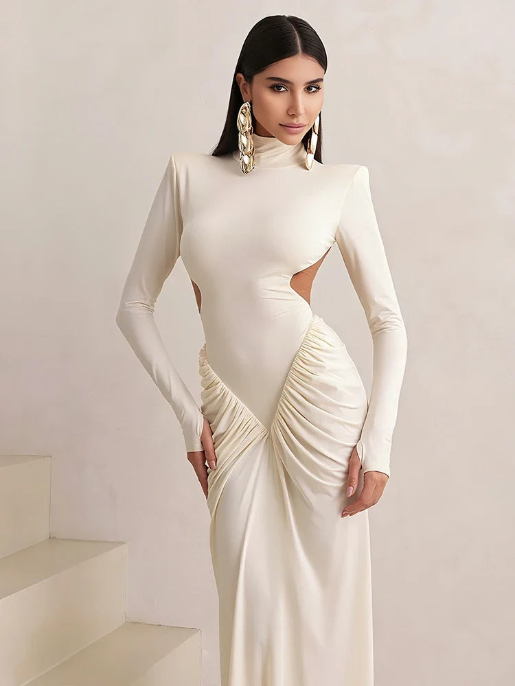 Shirring Sheath Maxi Dresses High Street Classic Full Sleeve Straight Shoulder Backless Vestidos Mujer Evening Wear