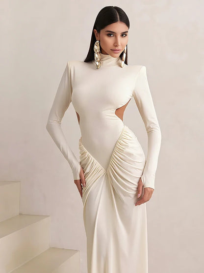 Shirring Sheath Maxi Dresses High Street Classic Full Sleeve Straight Shoulder Backless Vestidos Mujer Evening Wear