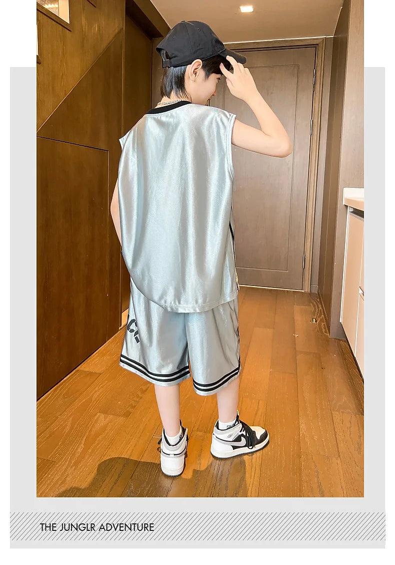 Summer Boys Quick-dry Glossy Alphabet T-Shirt Top+Shorts Sportswear Set School Kids 2PCS Tracksuit Children Jersey Outfit 5-16Yr
