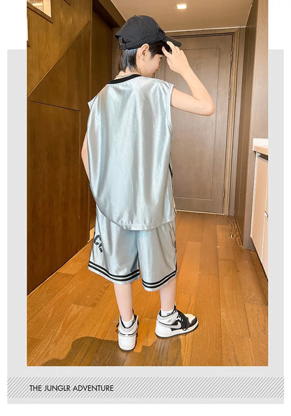 Summer Boys Quick-dry Glossy Alphabet T-Shirt Top+Shorts Sportswear Set School Kids 2PCS Tracksuit Children Jersey Outfit 5-16Yr