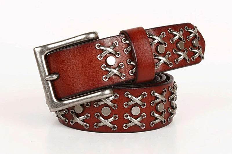 3.8CM Cowboy Punk Belt Real Genuine Leather Men Belt Metal Stud Rivet Jeans Belts For Men Strap Ceinture Homme Male Strap