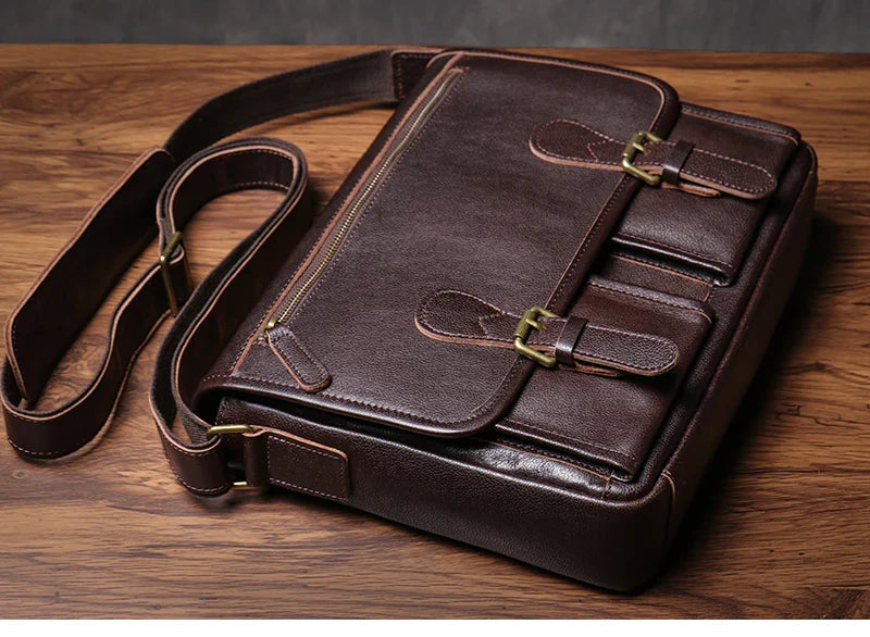 Vintage Crazy Horse Leather Messenger Bag Men's Genuine Luxury Sling Shoulder Bag Office Briefcase Crossbody 12.9 Inch Ipad