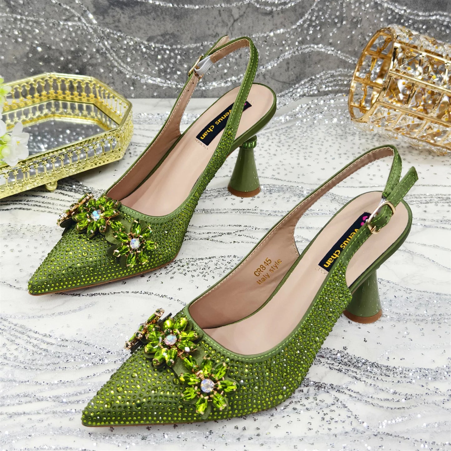 Olive-Green Pointed-Toe Women's High Heels Shoes and Bags for Party Rhinestone Evening Elegant Luxury Handbag