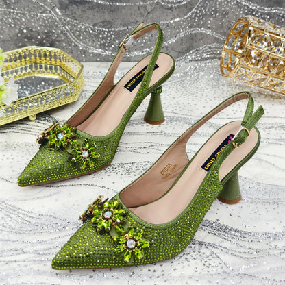 Olive-Green Pointed-Toe Women's High Heels Shoes and Bags for Party Rhinestone Evening Elegant Luxury Handbag