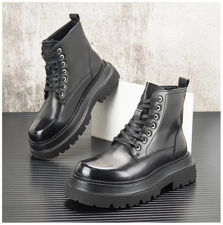 Men's Hidden Heel Motorcycle Boots - Goth Punk Ankle Boots with Thick Sole for Height Increase | Elevator Shoes