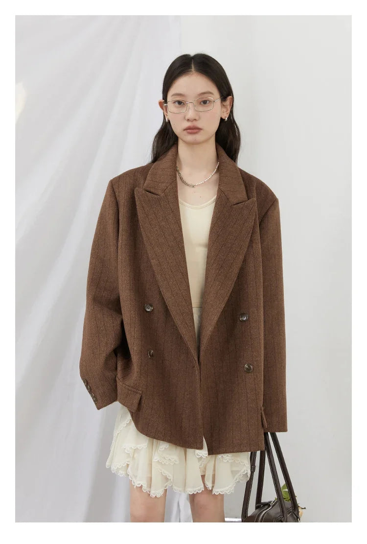 Women Woolen Blazer Loose Vintage V Neck Female Jacket Suit Double Breasted Office Ladies Coat Spring Autumn 2025