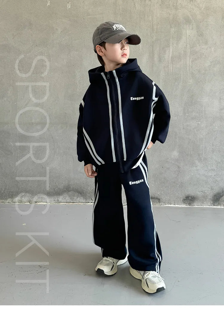 SpringAutumn Boys Navy Striped Zip Sweatshirt Jacket+Sweatpant Work Set School Kids 2PCS Tracksuit Children Jogger Outfit 5-16Yr