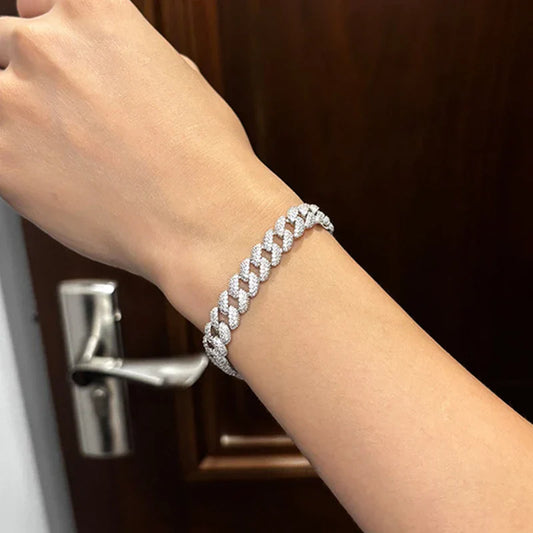 Bracelet gourmette pleine de moissanite couleur D de 1,1 mm pour homme et femme, en argent 925, passe le test du diamant, chaîne à maillons de 9,3 mm de large