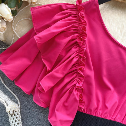American Chic Blouse for Women Flounced Edge Skew Collar Bare Midriff Belt Skinny Shirts Summer Casual Female Tops Dropshipping
