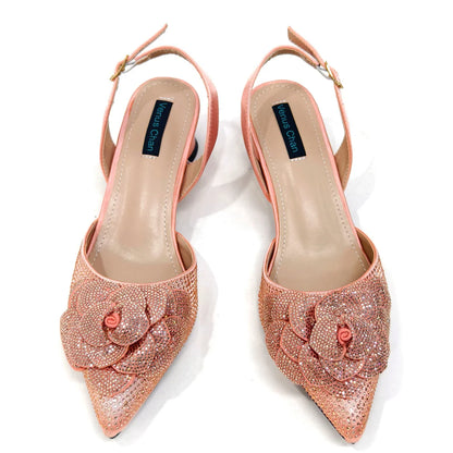 Evening Shoes and Bags Set with Full Diamond Handmade Petal Clutches Pointed Toe Peach Color Mid-Heel Women Shoes